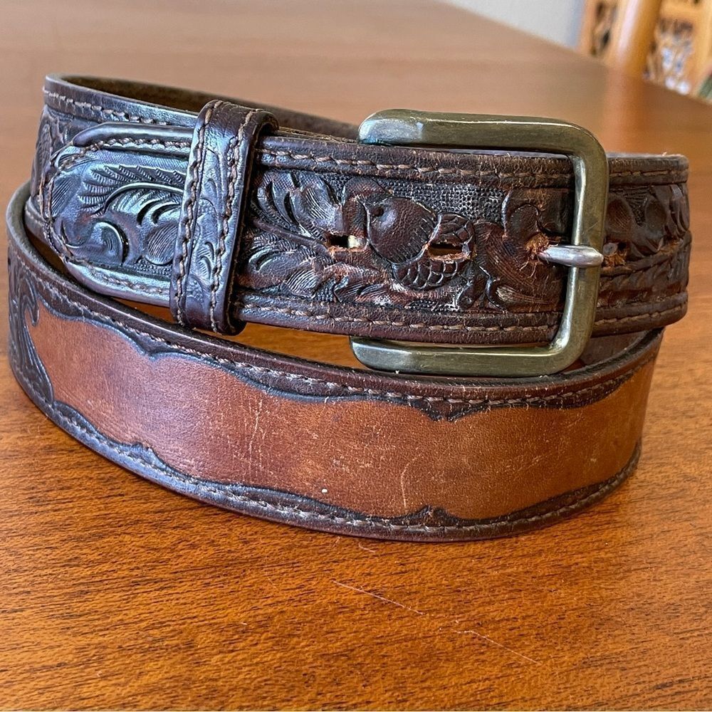 Vintage Chambers Embossed Leather Belt With Acorns and Leaves Brown Tan